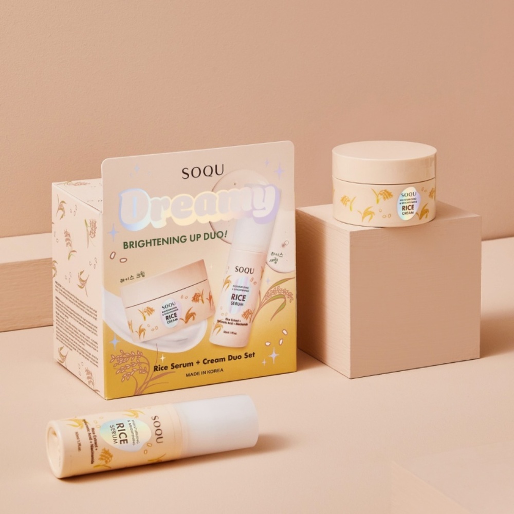 New SOQU Dreamy Brightening Rice Serum & Cream 2pc K-Beauty Skincare Box Set